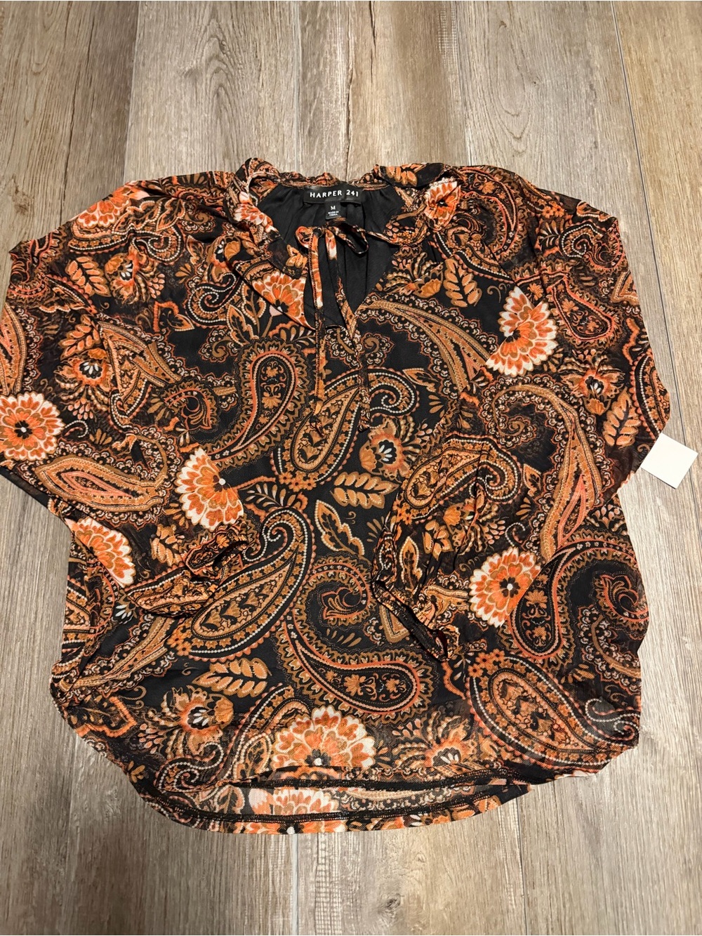 Harper 241 Women's Black & Orange Paisley Tie-Neck Blouse